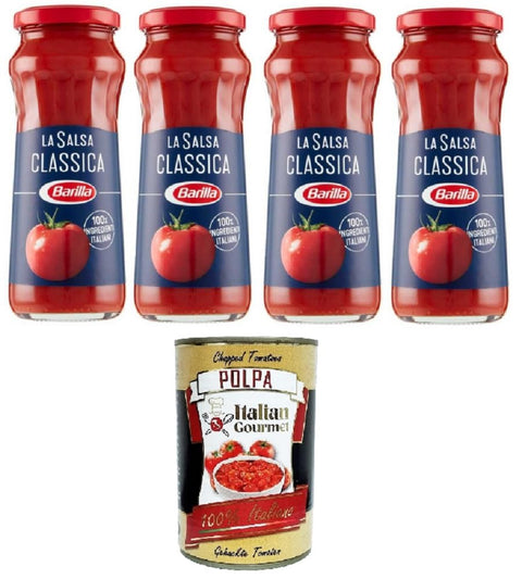Italian Gourmet E.R. Pastasaucen Barilla - Sugo Salsa Pronta Classica,Klassische Fertigsauce, mit Tomaten und nativem Olivenöl extra, glutenfrei – 4x300 g+ Italian Gourmet polpa 400gr 8032804040014
