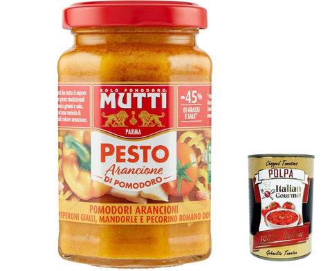 Italian Gourmet E.R. Pesto 12x Mutti Pesto arancione di pomodoro, -45% des Fetts, Pesto mit gelben Kirschtomaten, Mandeln und Pecorino -Käse 190g + Italian Gourmet polpa 400g 8032804040014