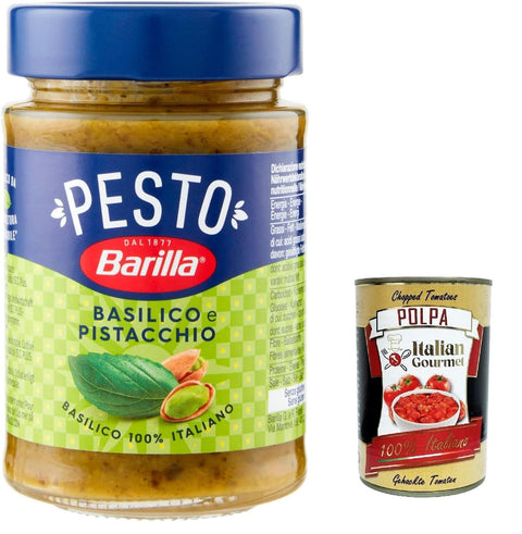 Italian Gourmet E.R. Pesto 12x Pesto Basilico e Pistacchio Pesto mit Basilikum und Pistazien aus nachhaltiger Landwirtschaft hergestellt 190g Italienisch Sauce glutenfrei + Italian Gourmet polpa 400g 8076809581868
