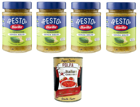 Italian Gourmet E.R. Pesto Barilla Pesto Alla Genovese senz'Aglio Condimento e Sugo per Pasta Genueser Pesto ohne Knoblauchgewürz und Nudelsauce 4x190gr + Italian Gourmet polpa 400g 8032804040014