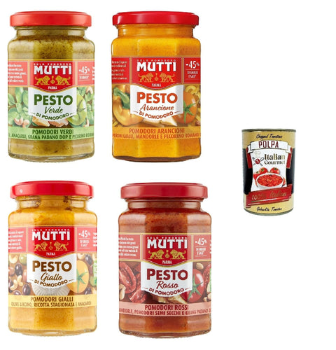 Italian Gourmet E.R. Pesto Mutti Pesto Testpaket Pomodori Tomatenpesto Pasta Sauce 100% italienische Tomate Glas 4x 180g Würzsaucen mit Cashewnüssen, Grana Padano und Pecorino Romano + Italian Gourmet polpa 400g 8032804040014