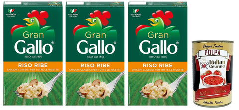 Italian Gourmet E.R. Reis 3x Gran Gallo Riso Ribe,100% Italienischer Reis, ideal für jede Art von Rezept,Kochzeit 15 Minuten,Packung mit 1Kg + Italian Gourmet Polpa di Pomodoro 400g Dose 8001420001600