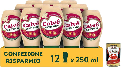 Italian Gourmet E.R. Saucen Calvé Maionese Spicy Mayo, 12 Stück à 250 ml, Mayonnaise mit Paprika- und Cayenne-Pfeffer-Zusatz, würzige und scharfe Sauce, ideal für Sushi, Pokè und Frittiertes + Italian Gourmet polpa 400g 8032804040014