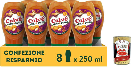 Italian Gourmet E.R. Saucen Calvé Salsa Agro & Dolce, 8 Stück à 250 ml, Fruchtige Süß-Sauer-Sauce, Süß und Ausgewogen, Ideal für Frittiertes und Fingerfood, Ohne Aromen und Farbstoffe, Glutenfrei + Italian Gourmet polpa 400g 8032804040014