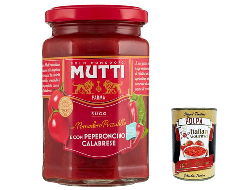 Italian Gourmet E.R. Saucen & Marinaden 3x Mutti Sugo con Pomodoro Pizzutello e con Peperoncino Calabrese, Pizzutello -Tomatensauce und mit kalabrischen Chilischpfeffer 280g + Italian Gourmet polpa 400g 8005110514074