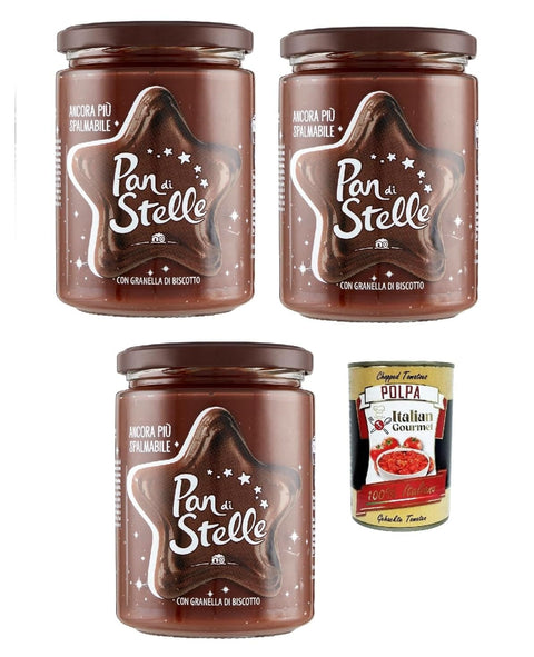 Italian Gourmet E.R. Schokoladenaufstrich 3x Pan di Stelle Crema Spalmabile Haselnuss Streichfähige Creme Sahne mit Kekskörnern 580g ohne Palmöl + Italian Gourmet polpa 400g 8032804040014