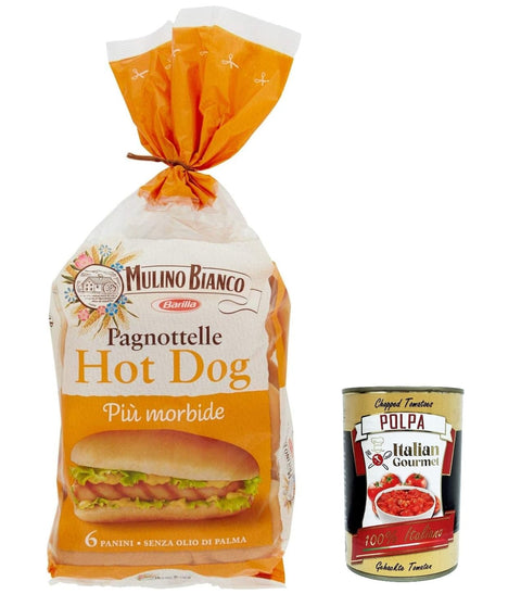 Italian Gourmet E.R. Snack Kuchen & Backwaren 3x Mulino Bianco Mini Hot Dog Brot, Packung mit 325g, Jede Packung enthält 6 Hot Dog Buns + Italian Gourmet Polpa di Pomodoro 400g Dose 8032804040014