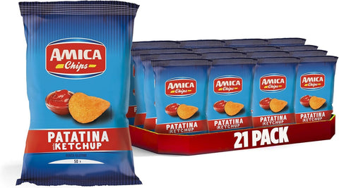 Italian Gourmet E.R. Snack Kuchen & Backwaren AMICA Chips | La Patatina Gusto Ketchup, Ketchup schmecken Chip, Gluten -freie Snacks mit Sonnenblumenöl, natürliches Aroma, 21 x 50 g + Italian Gourmet polpa 400g 8032804040014