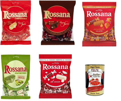 Italian Gourmet E.R. Snack Kuchen & Backwaren Rossana TESTPAKET, Caramello salato - Cocco - Cioccolato - Original - Pistacchio Candies Bonbon Lollies Hartbonbons mit cremiger Füllung 5 Packungen Süßigkeiten + Italian Gourmet Polpa4 00g 8032804040014