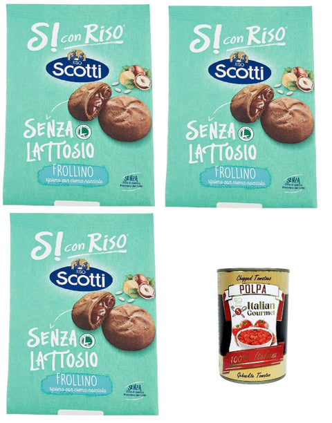 Italian Gourmet E.R. Snack Kuchen & Backwaren Si con Riso - Frollino Ripieno alla Crema alla Nocciola - Kekse mit Haselnusscreme gefüllt, Laktose -freie und palmenfreie Kekse, Lactose -free biscuits 3x 200 g + Italian Gourmet polpa 400g 8032804040014