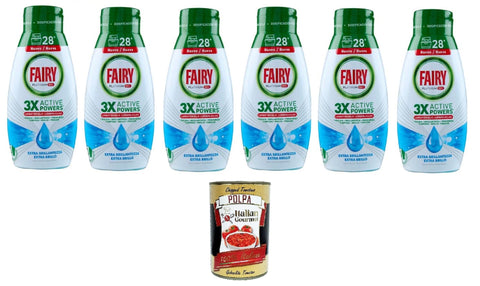 Italian Gourmet E.R. Spülmaschinenreinigung Fairy Geschirrspülgel Platinum Extra Shine, Meeresbrise-Geschirrspülmittel, 28 Waschgänge, 6x 504 ml+ Italian Gourmet polpa 400g 8032804040014