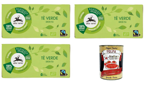 Italian Gourmet E.R. Tee Alce Nero- Tè Verde Rinfrescante e aromatico Grüner Tee Erfrischend und aromatisch 3x 35gr (Packung mit 20 Filtern)+ Italian Gourmet polpa 400g 8032804040014