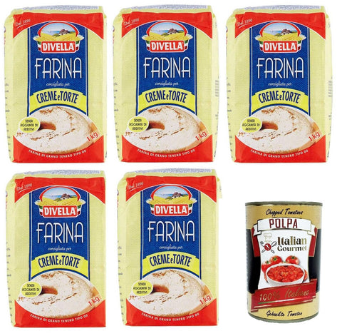 Italian Gourmet E.R. Teffmehl Divella Farina 00 consigliata per Creme e Torte Mehl 00 empfohlen für Cremes und Kuchen 5x1kg+Italian Gourmet Polpa 400gr 8032804040014