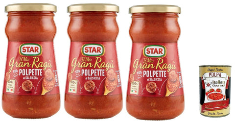 Italian Gourmet E.R. Tomatensauce Star Il Mio Gran Ragu' con Polpette di Salsiccia,Tomatensauce mit Schweinefleisch und Wurst Frikadellen, Glas, 3x 360g + Italian Gourmet polpa 400g 8032804040014
