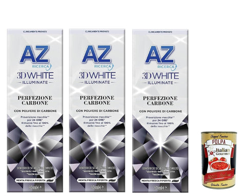 Italian Gourmet E.R. Zahncremes Dentifricio AZ Perfezione Carbone, Zahnpasta mit aufhellender Wirkung, mit Kohlepulver, 3x 50ml + Italian Gourmet polpa 400g 8032804040014