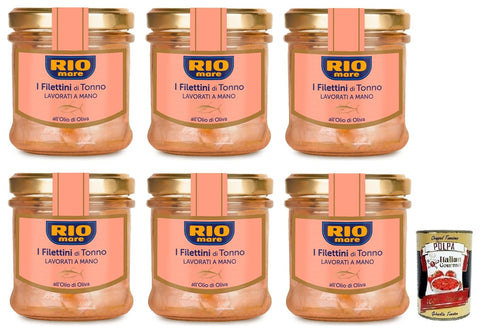 Italian Gourmet Fleisch, Geflügel & Wild 6x Rio Mare Filettini di Tonno all'Olio di Oliva, Thunfischfilets in Olivenöl,Glas mit 130g + Italian Gourmet Polpa di Pomodoro 400g Dose 8004030656031