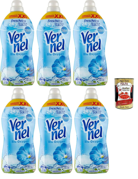 Italian Gourmet Flüssiger Weichspüler Vernel Blu Oxygen Ammorbidente concentrato, Weichspüler, parfümierte konzentrierte Waschmaschine, intensive Frische und Weichheit, 6x 1,9 -Liter XXL -Verpackung + Italian Gourmet polpa 400g 8032804040014