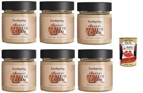 Italian Gourmet Fruchtaufstrich Foodspring Coconut Crisp Crema Proteica al Crunchy Cocco e Nocciola Croccante, Proteincreme , Knusprige Kokosnuss und Haselnuss ohne Palmöl 6x 200g + Italian Gourmet Polpa di Pomodoro 400g Dose 8032804040014