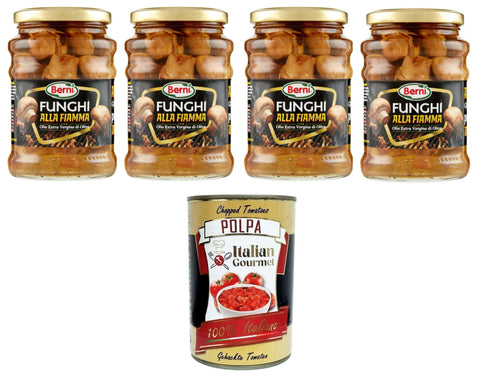 Italian Gourmet Gemüse Berni Funghi alla Fiamma con Olio Extra Vergine di Oliva Flammpilze mit Nativem Olivenöl Extra 4x 350 g+ Italian Gourmet polpa 400g 8032804040014