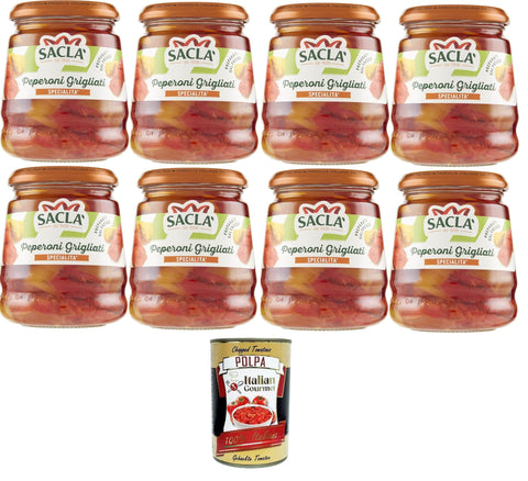 Italian Gourmet Gurken Saclà,Peperoni Grigliati, gegrillte Gurken, gegrillte Paprika, ideal für Vorspeisen, Beilagen und für Ihre Zubereitungen,8x290gr + Italian Gourmet polpa 400g 8032804040014