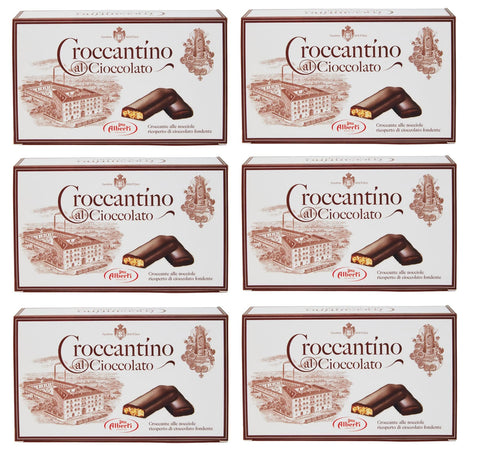 Italian Gourmet Knabberartikel 6x Alberti Strega Croccantino al Cioccolato Croccante alle nocciole ricoperto di cioccolato fondente Knusprig mit Haselnüssen mit dunkler Schokolade überzogen 300g Glutenfrei 8001975045296