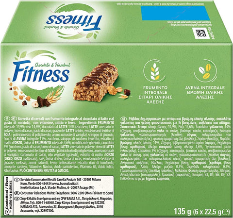 Italian Gourmet Knabberartikel Nestlé Fitness Chocolate & Hazelnut Müsliriegel Schokolade & Haselnuss 18x135g (6 x 22,5g) 8032804040014