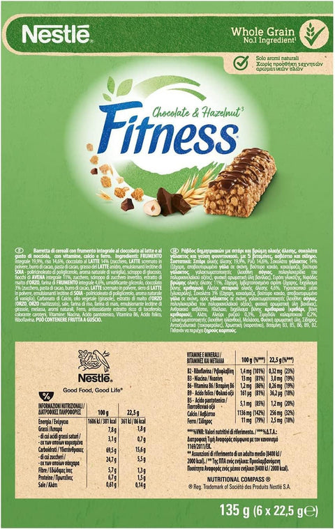 Italian Gourmet Knabberartikel Nestlé Fitness Chocolate & Hazelnut Müsliriegel Schokolade & Haselnuss 18x135g (6 x 22,5g) 8032804040014