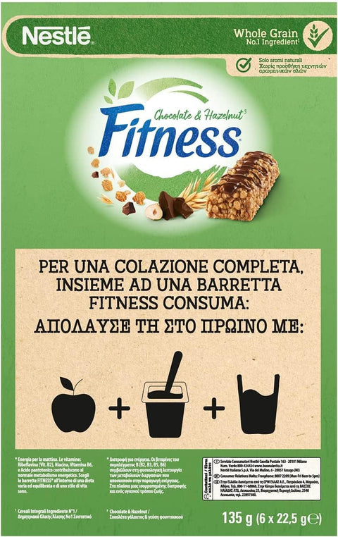 Italian Gourmet Knabberartikel Nestlé Fitness Chocolate & Hazelnut Müsliriegel Schokolade & Haselnuss 18x135g (6 x 22,5g) 8032804040014