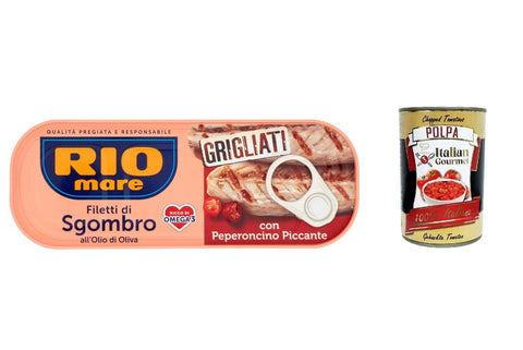 Italian Gourmet Koch- & Backzutaten 3x Rio Mare filetti di Sgombro con peperoncino piccante, gegrillte Makrelenfilets mit Olivenöl und chilli 120g + Italian Gourmet polpa 400g 8032804040014