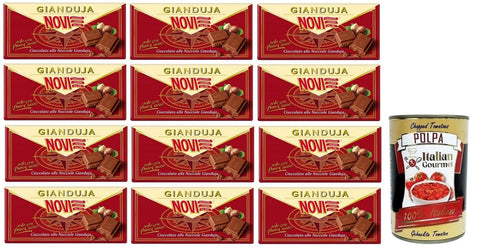 Italian Gourmet Praline 12x Novi Cioccolato alle Nocciole Gianduia Tafel Haselnussschokolade Gianduja mit Reinem Kakao 100g + Italian Gourmet Polpa di Pomodoro 400g Dose 8006380213209