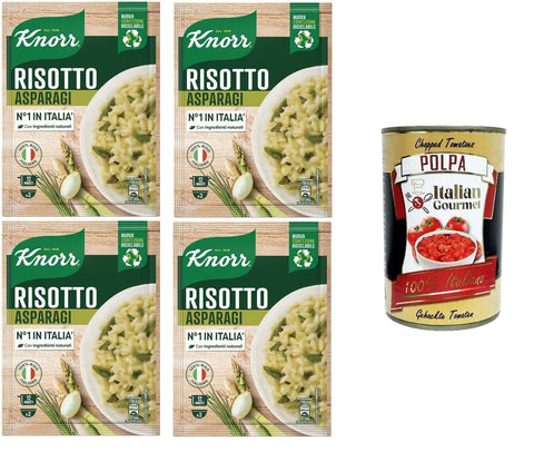 Italian Gourmet Reisgerichte Knorr Spargelrisotto, Fertigrisotto mit natürlichen Zutaten, 100% italienischem Reis und al dente Chicci, zubereitet in der Pfanne oder in der Mikrowelle, 4x175gr + Italian Gourmet polpa 400g 8032804040014