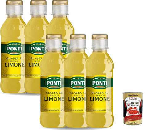 Italian Gourmet Reiskleie Ponti, Gastronomische Glasur mit Zitronensaft, cremig und erfrischend, ideal zum Aroma -Fleisch-, Fisch- und Obstsalatgerichten, 6x 220 g + Italian Gourmet polpa 400g 8032804040014