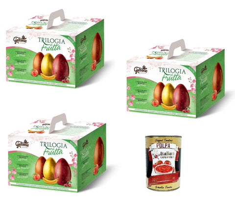 Italian Gourmet Riegel Il Galeone Trilogia di Frutta Fruchttrilogie, Drei Eier aus reiner weißer Schokolade in den Geschmacksrichtungen Pfirsich, Banane und Kirsche 3 x 540 g (180 g x 3)+ Italian Gourmet polpa 400g 8032804040014