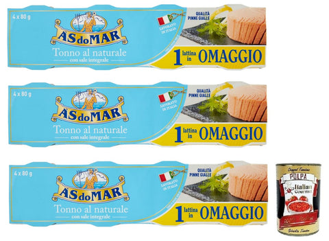 Italian Gourmet Salz & Salzersatz 12x AS do MAR Tonno al Naturale,Natürlicher Thunfisch mit Vollsalz,Leicht,Nahrhaft und Gesund,Leicht,Nahrhaft und Gesund,80g Dose + Italian Gourmet Polpa di Pomodoro 400g Dose 8003294750349