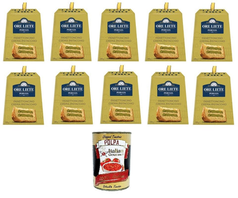 Italian Gourmet Schokoladenaufstrich Ore Liete Panettoncino Crema al Pistacchio Pistaziencreme-Panettone 10x 100gr + Italian Gourmet polpa 400g 8032804040014