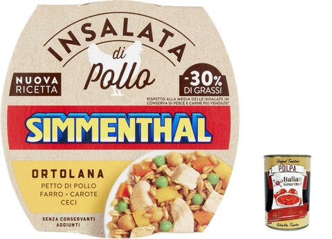 Italian Gourmet Snack Kuchen & Backwaren 6x Simmenthal Ortolana, Hähnchenbrustsalat mit Dinkel, Kichererbsen, Karotten und Erbsen, 160 gr + Italian Gourmet polpa 400g 8032804040014