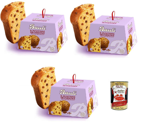Italian Gourmet Snack Kuchen & Backwaren Bauli Panettone GranSoffice weicher Teig reich an Rosinen ohne kandierte Früchte 3x 900g + Italian Gourmet polpa 400g 8032804040014