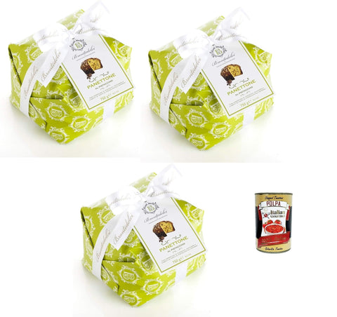 Italian Gourmet Snack Kuchen & Backwaren Brontedolci Panettone Incartato al Pistacchio Weihnachtskuchen mit Pistazien und Zuckerweichteig mit Pistazienwürfeln 3x 750 g in Papier verpackt + Italian Gourmet polpa 400g 8032804040014