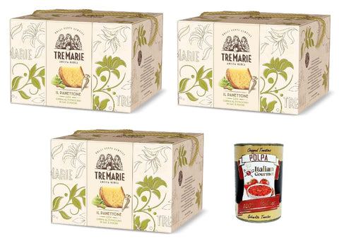 Italian Gourmet Snack Kuchen & Backwaren Tre marie Panettone Incartato al Pistacchio Weihnachtskuchen mit Pistazien und Zuckerweichteig mit Pistazienwürfeln 3x 950 g + Italian Gourmet polpa 400g 8032804040014