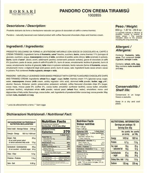 Italian Gourmet Stollen Borsari Pandoro mit Tiramisu Creme und Kaffee-Schokoladenstückchen Shopper 850g