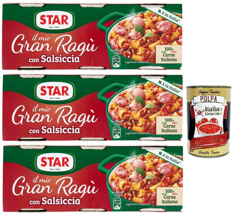 Italian Gourmet Tomatensauce Il Mio Gran Ragù Star con Salsiccia tomatensauce sauce mit italienischer Wurst Tomatensuppe Pastasauce 3x (3x100g) + Italian Gourmet polpa 400g 8032804040014