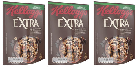 Kellogg's Kaltes Müsli 3x Kellogg's Extra Cioccolato e Nocciole Knusprige Haferflocken mit Schokolade und Haselnüssen 100% Vollkorn 375g-Packung 5053827139229