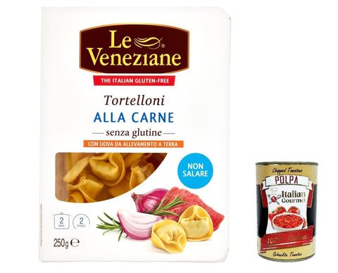 Le Veneziane Nudelgerichte 4x Le veneziane Tortelloni carne senza glutine, Fleisch Tortelloni gluten free, Pasta nudeln glutenfrei 250g + Italian Gourmet polpa 400g 8009915008783