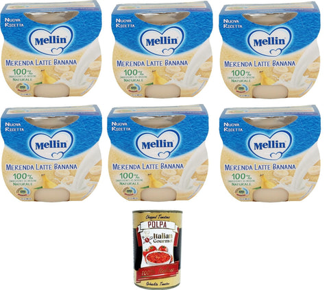 Mellin Frucht, Getreide & Joghurt Zubereitungen Mellin Merenda Latte e Banana al Cucchiaio Snack Milch und Banane mit Löffel 6x200gr (2x100gr) + Italian Gourmet polpa 400g 0