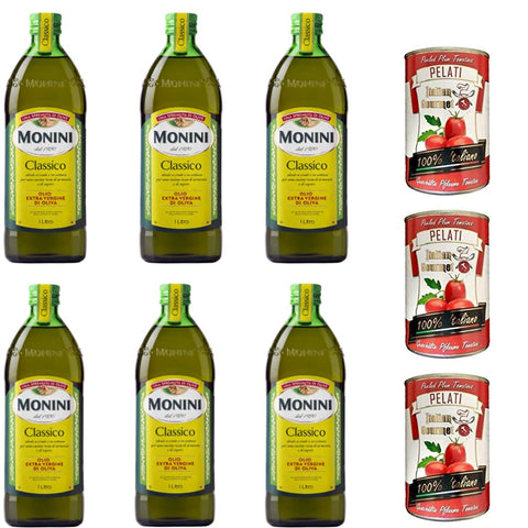 Monini Gemüse 6x Monini Extra Natives Olivenöl 1L nativ olio extravergine di oliva Classico + Italian Gourmet 100% italienische geschälte Tomaten dosen 3x 400g 8388766535601