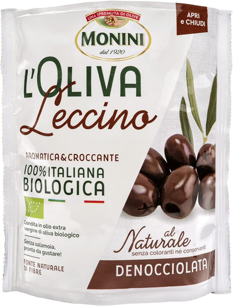 Monini Oliven 6x DIE OLIVE Monini Leccino, schwarz entsteint. 100 % natürlich, italienisch, biologisch 150 8005510010039