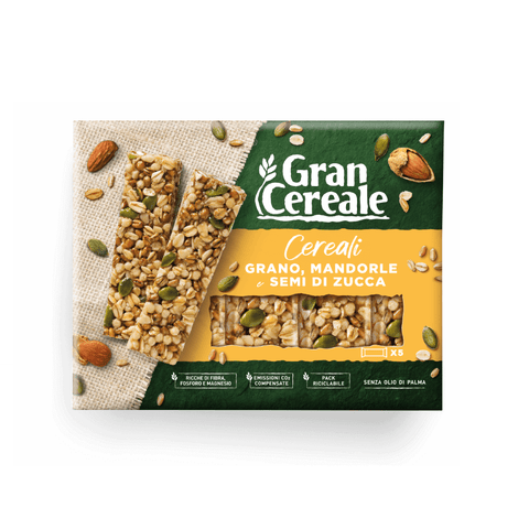 Mulino Bianco Getreideriegel MHD 21/06/2023 Gran Cereale, Snack Barrette di Cereali con Grano, Mandorle e Semi di Zucca Snack-Müsliriegel mit Weizen, Mandeln und Kürbiskernen 135g (5 x 27g) 8076809575256