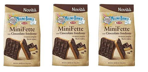 Mulino Bianco Kekse 3x Mulino Bianco Mini Fette con Cioccolato fondente e farina integrale Zwieback mit dunkler schokolade und vollkornmehl Kekse gebackenem brot biscuits 110g ohne Palmöl 8076809577809