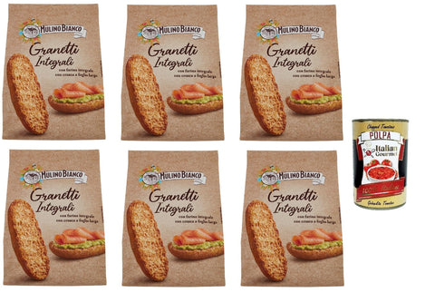 Mulino Bianco Kekse 6x Mulino Bianco Crostini Granetti integrali Vollkorn-Croutons, reich an Ballaststoffen Snack, 280g + Italian Gourmet polpa 400g 8076809501477