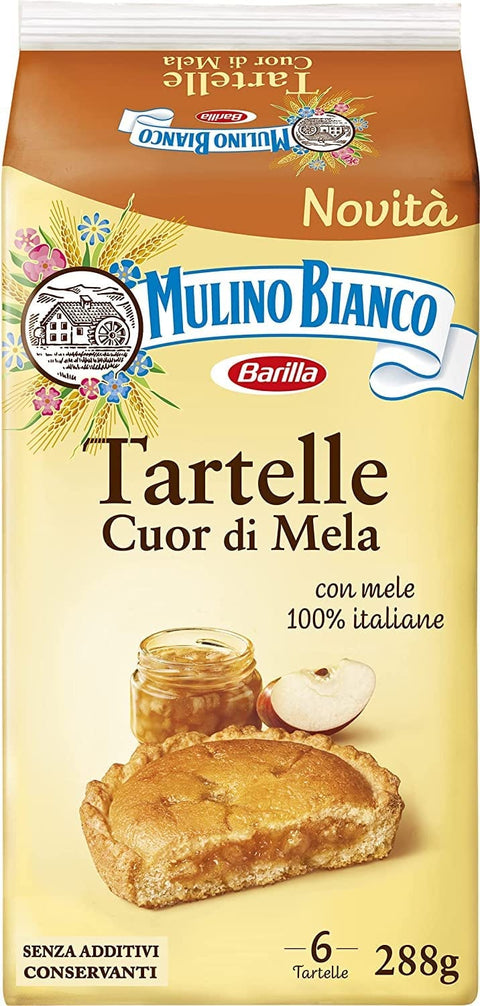 Mulino Bianco Kekse 6x Mulino Bianco Tartelle Cuor di Mela, Törtchen mit 100% italienischen Äpfeln, Biskuit und Mürbeteig, ohne Palmöl und ohne Konservierungsstoffe, Packung mit 6 Törtchen 288g 8076809581394